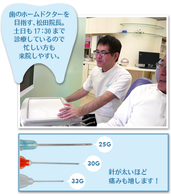 歯のホームドクターを目指す、松田院長。土日も17：30まで診療しているので忙しい方も来院しやすい。